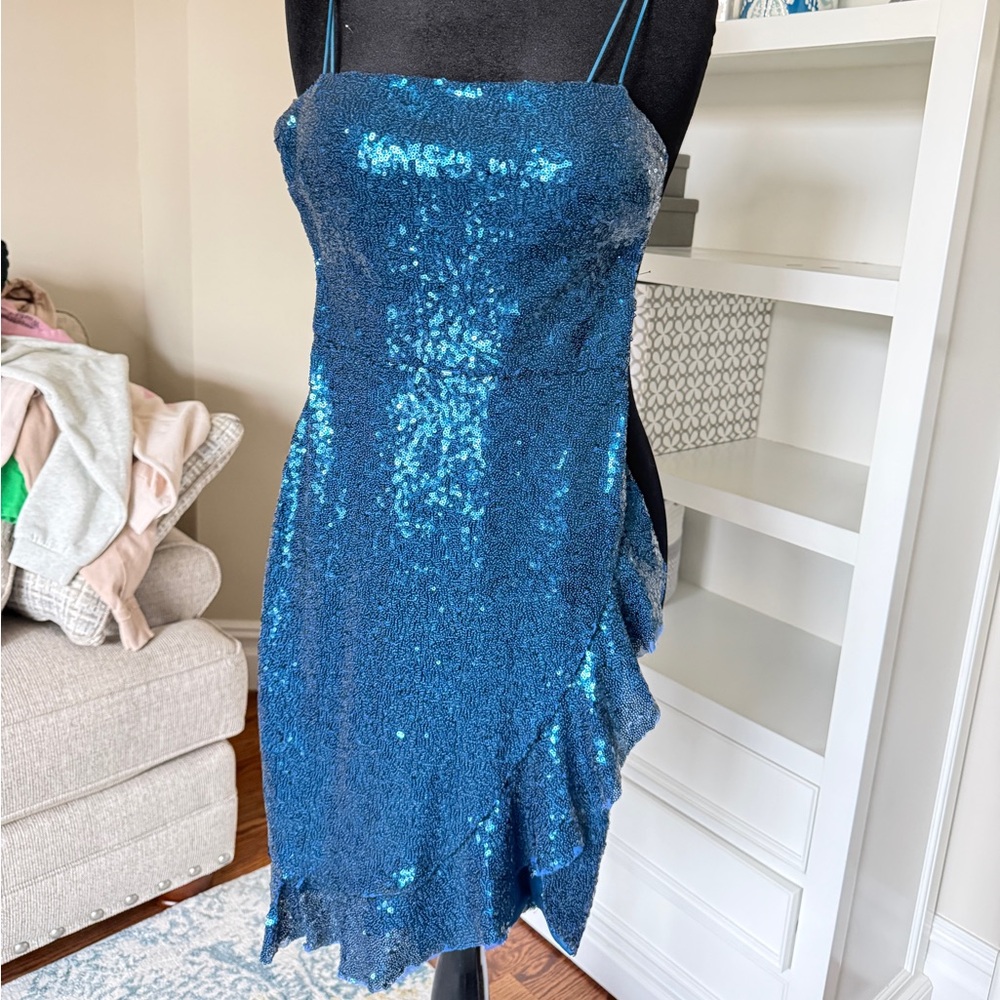 B Darlin Blue Sequin Prom Dress